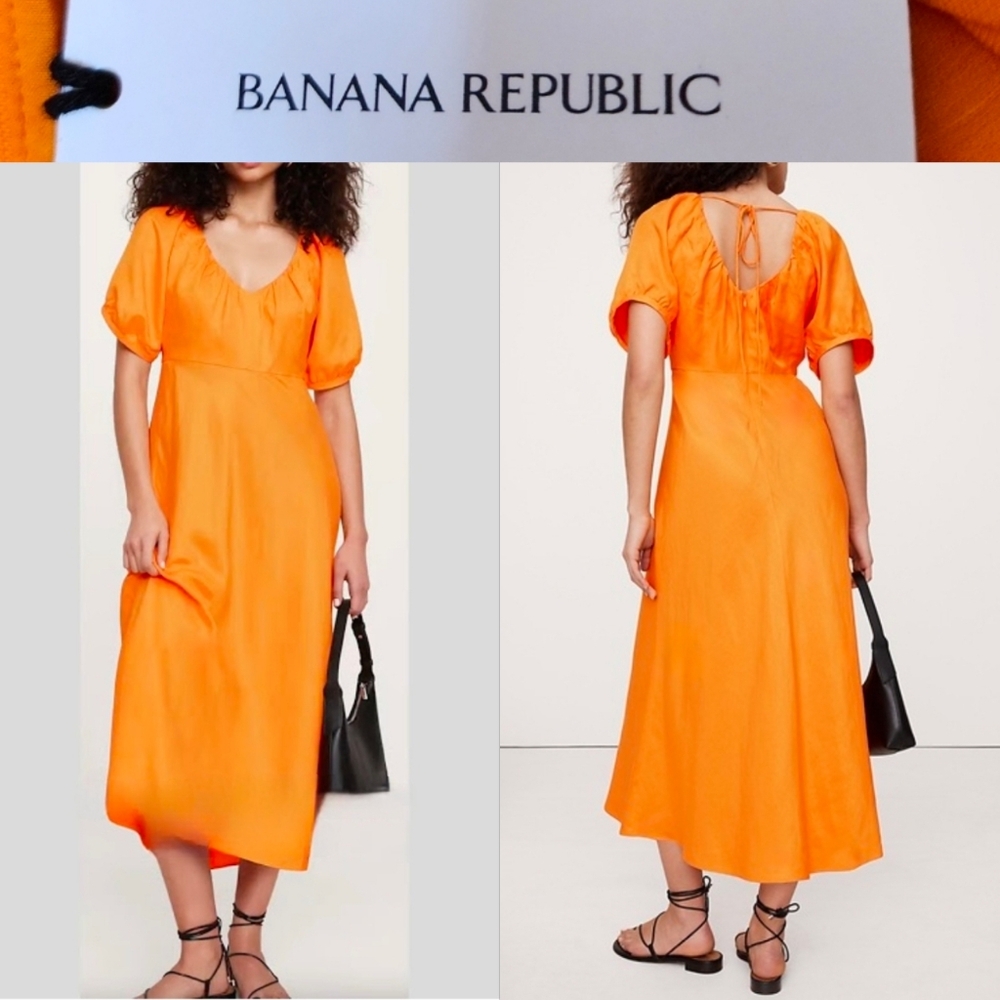 2025 NWT Banana Republic Linen Blend V Neck Peasant Maxi Dress 6 Vibrant Orange